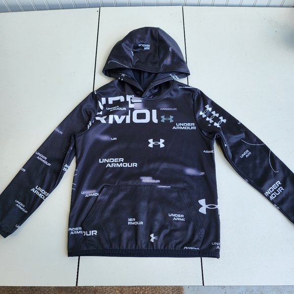 Under Armour Loose Boys Printed Pullover Hoodie Black White Logo YSM - Picture 1 of 10